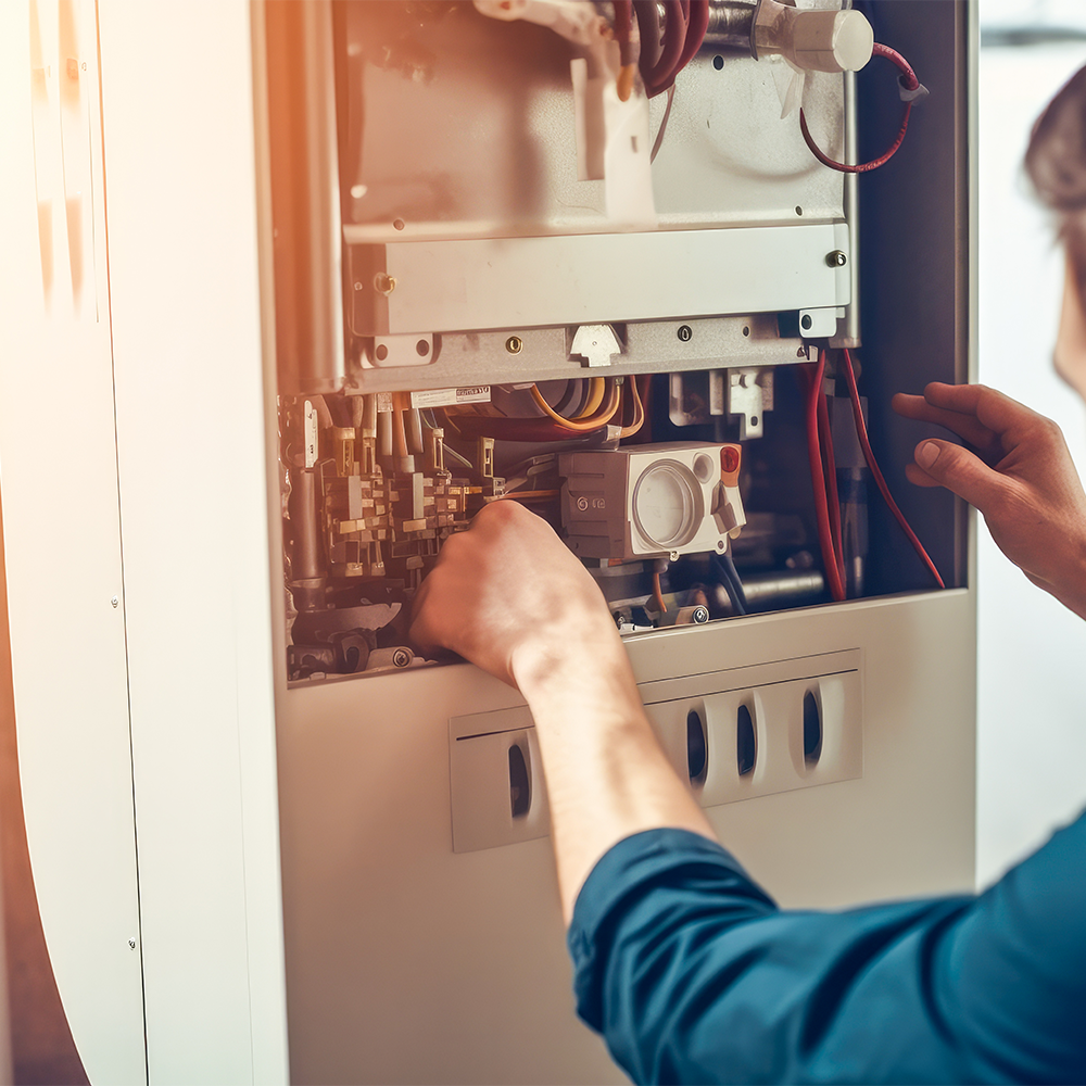 Technician repairing open gas boiler, wires and parts exposed.