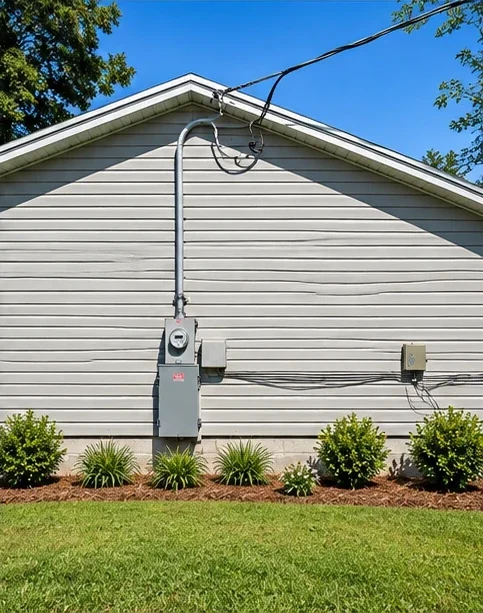 House exterior with new electrical service mast, meter and disconnect after storm repair.