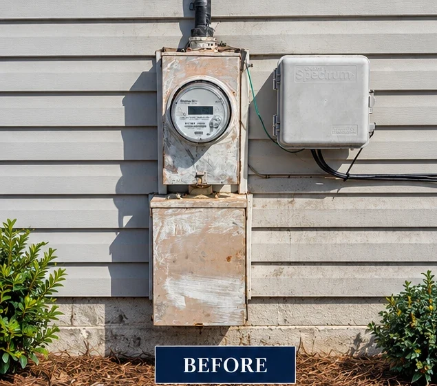 Before: weathered, rusted meter can and disconnect enclosure after storm damage.