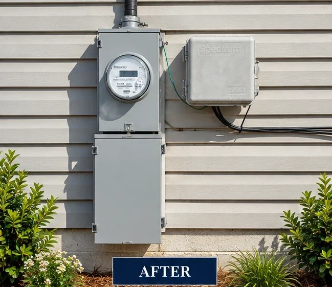 After: new meter can and service disconnect installed by Precision Services.