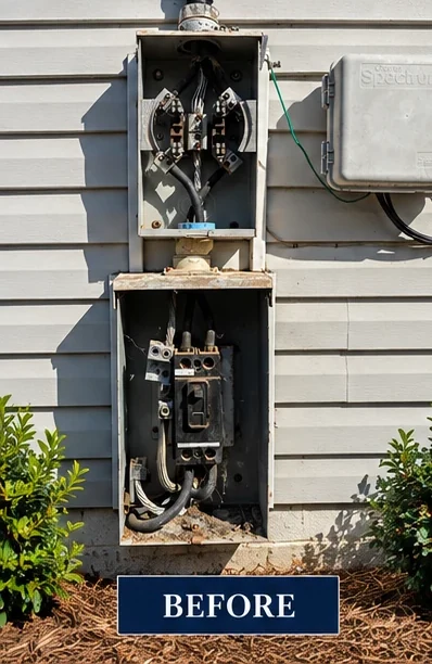 Before: storm-damaged components inside the old meter base and disconnect.