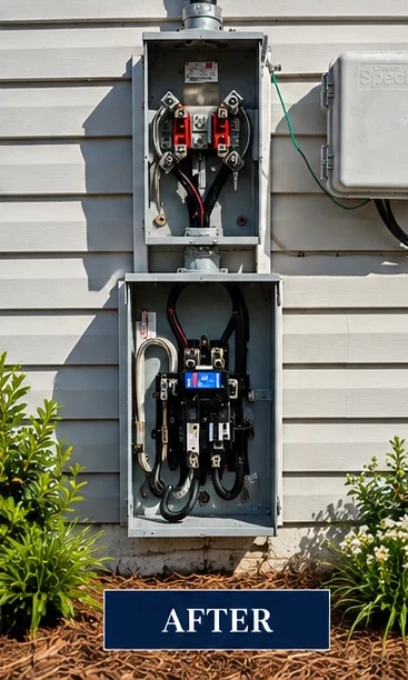 After: new meter base and service disconnect wiring installed.